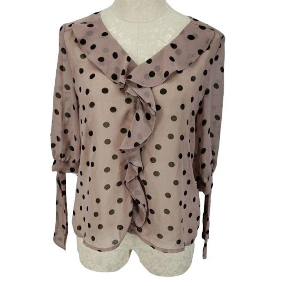 Darling Polka Dot Ruffle V-Neck Blouse Mauve Pink Black Size M